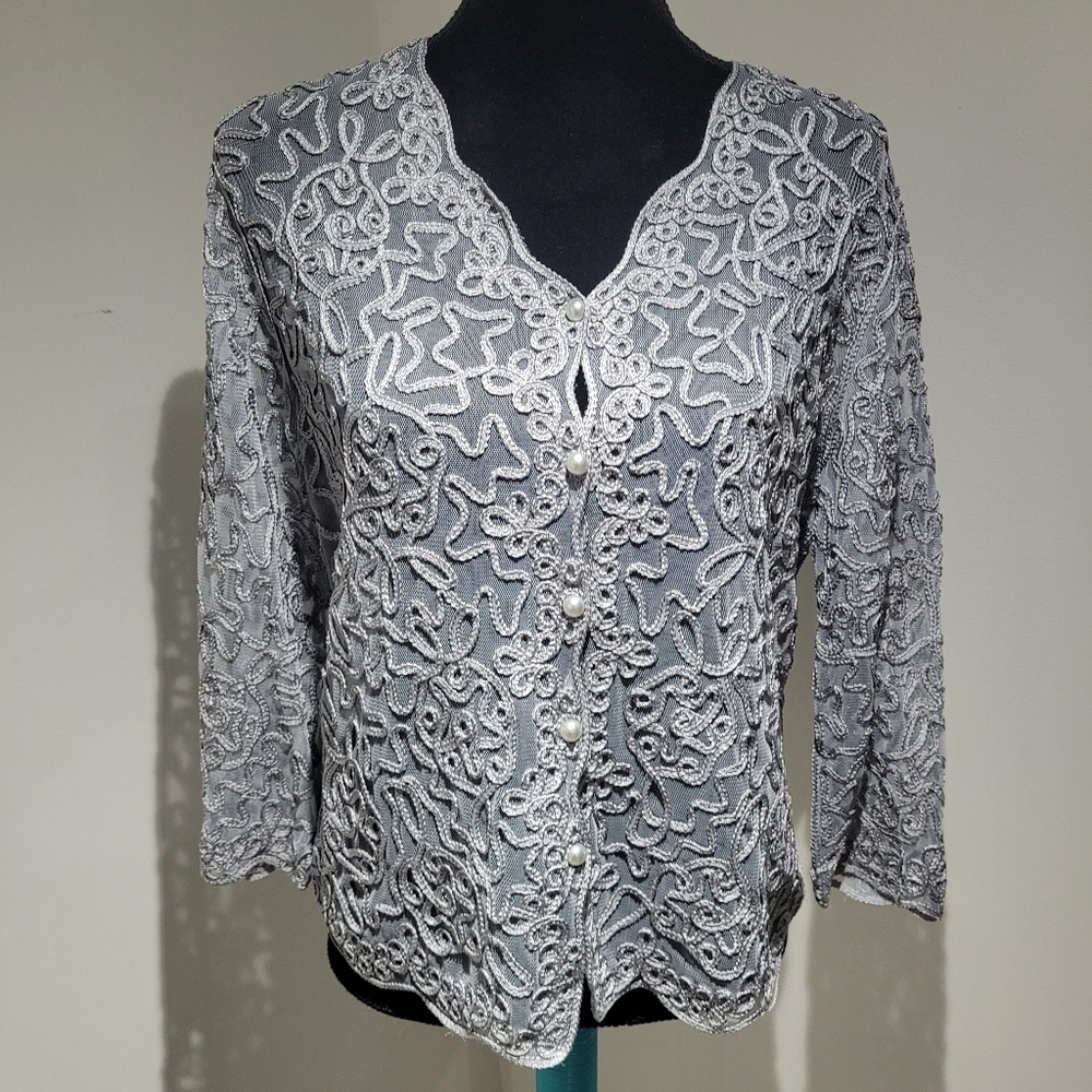 MarViv Women's Vintage Sheer Lace Pearl Button Cardigan Medium Silver Fairycore